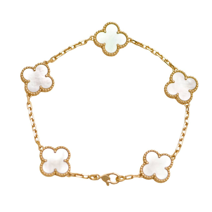Authentic Preloved Van Cleef & Arpels Vintage Alhambra 5 Motif Mother of Pearl 18K Yellow Gold Bracelet