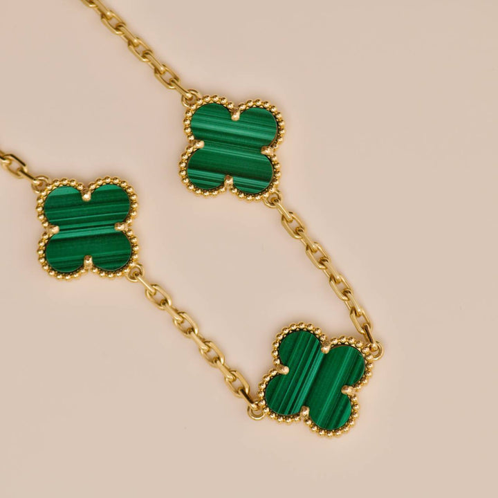 Used Hand Authentic Van Cleef & Arpels Vintage Alhambra 5 Motif Malachite Bracelet 18K Yellow Gold