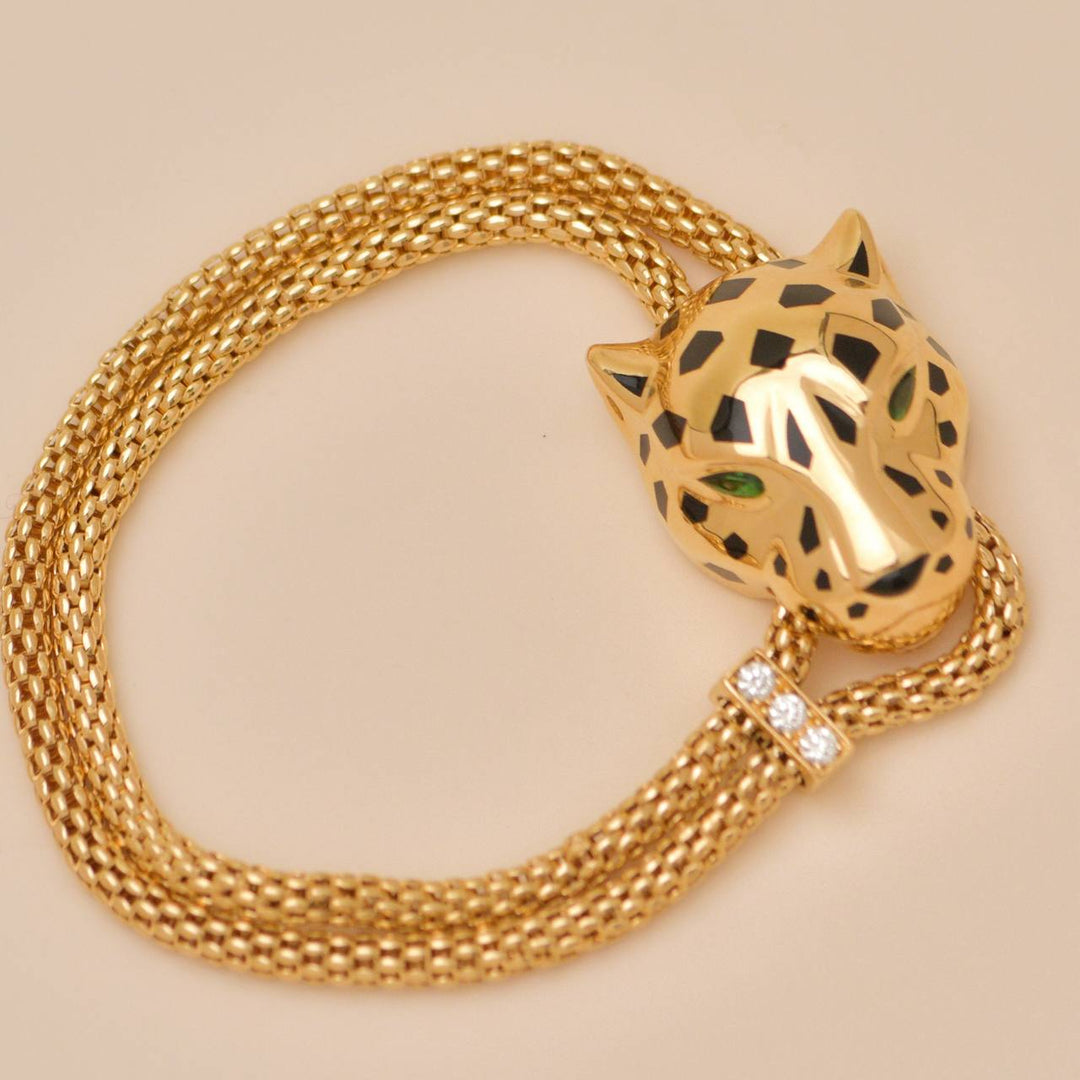 Second Hand Authentic Cartier Panthère Bracelet with Lacquer and Tsavorite Garnets 18K Yellow Gold