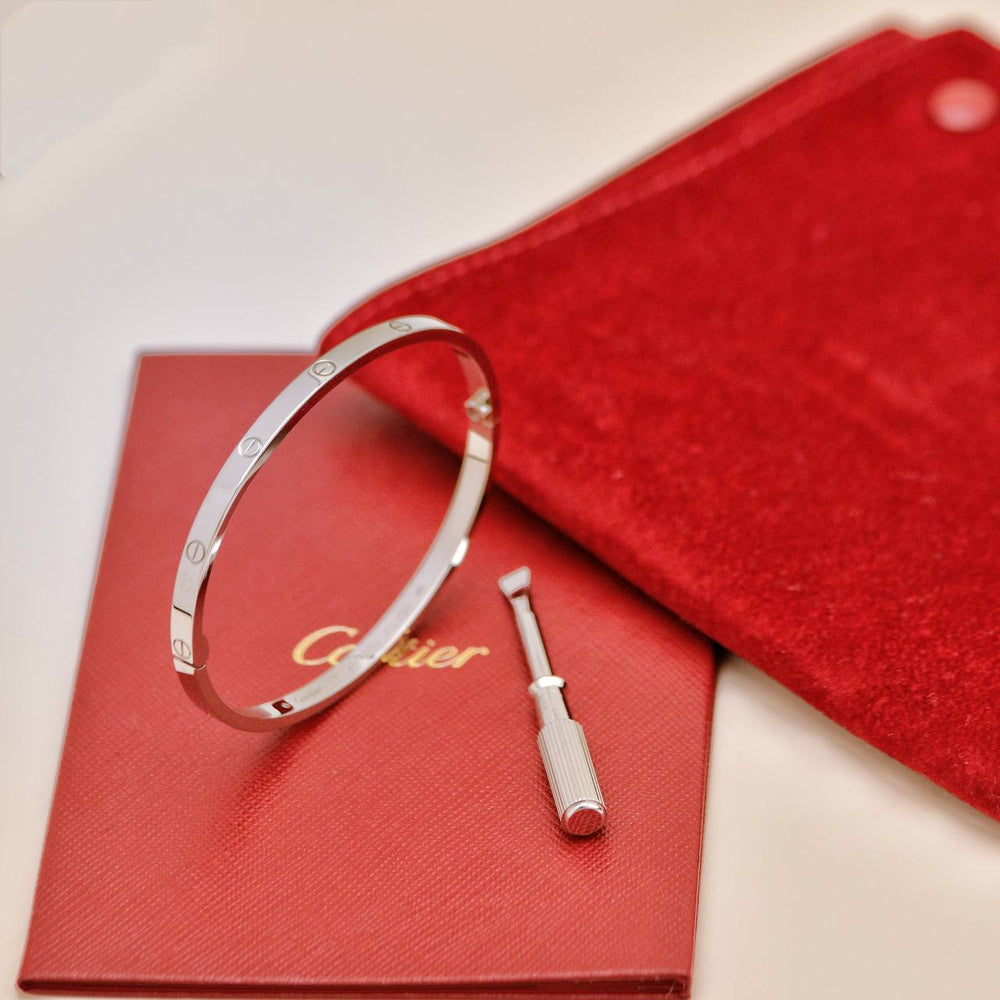 Preowned Authentic Full set Cartier Love Bracelet Small Model size 17 in 18K White Gold