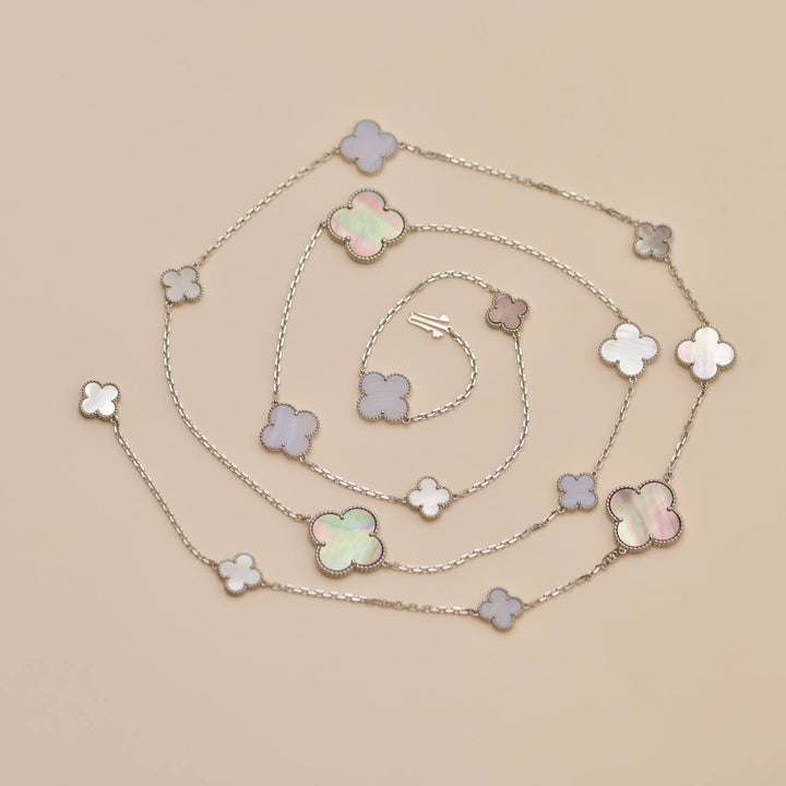 Preowned Authentic Full set Van Cleef Magic Alhambra 16 Motif Necklace in Chalcedony and Mother of Pearl