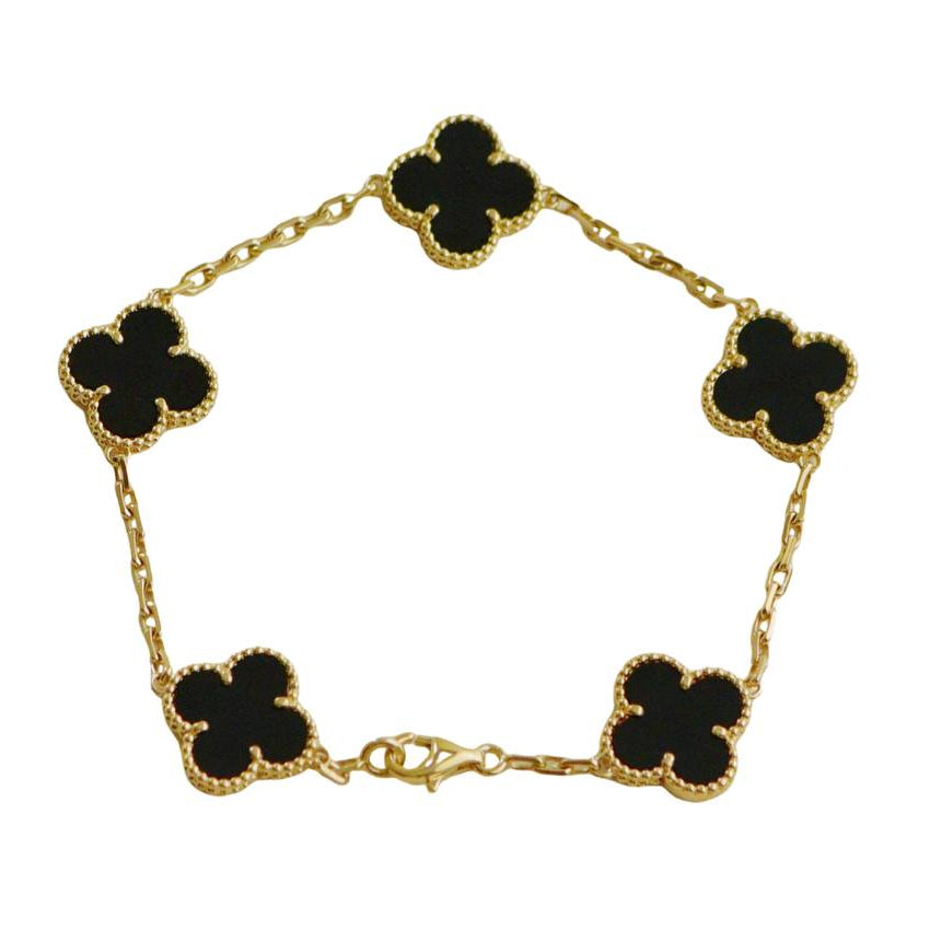 Preloved Authentic Full set Van Cleef & Arpels Vintage Alhambra Bracelet 5 Motif Onyx 18K Yellow Gold