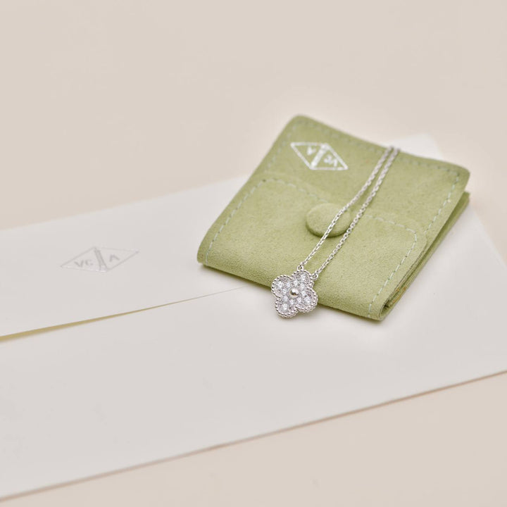 Preowned Authentic Van Cleef & Arpels Vintage Alhambra Pavé Diamond Pendant 18K White Gold