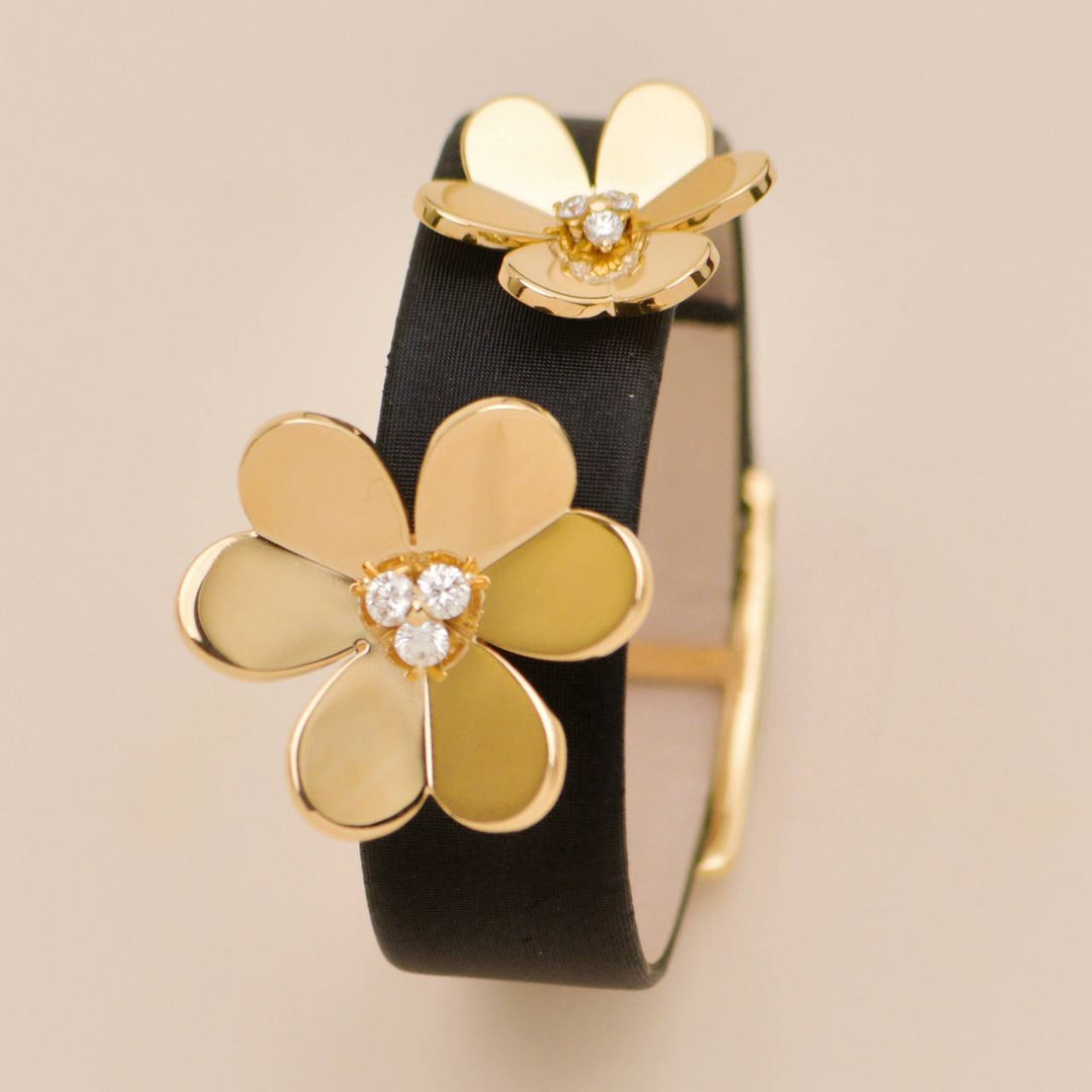 Used Authentic Van Cleef & Arpels Frivole Diamond 18K Yellow Gold Satin Leather Bracelet