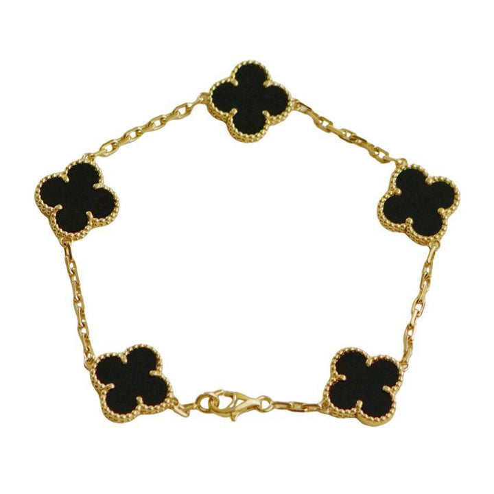 Preowned Authentic Van Cleef & Arpels Vintage Alhambra Onyx 5 Motif Bracelet 18K Yellow Gold