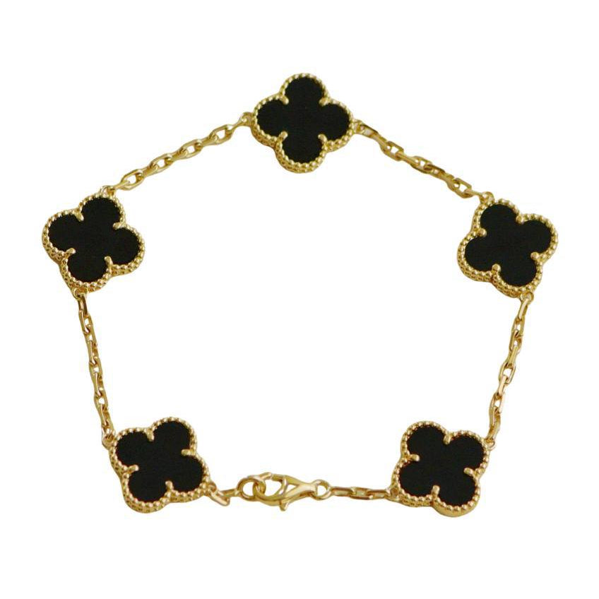 Preowned Authentic Van Cleef & Arpels Vintage Alhambra Onyx 5 Motif Bracelet 18K Yellow Gold