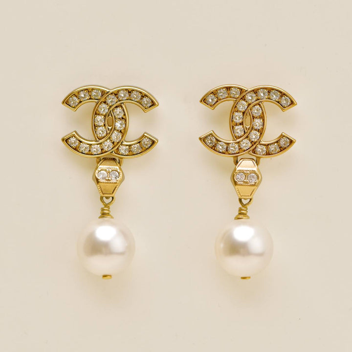 Used Authentic Chanel CC Faux Pearl Drop Earrings