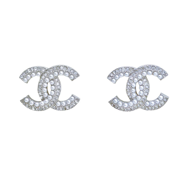 Preloved Authentic Chanel CC Faux Pearls Crystal Stud Earrings