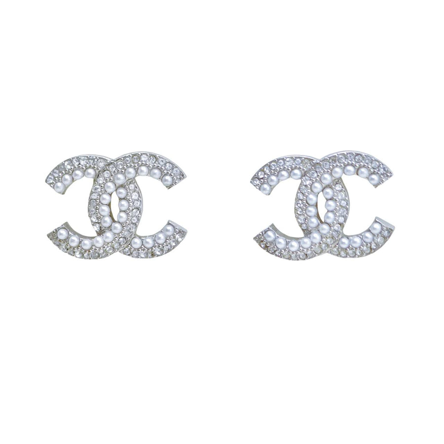 Preloved Authentic Chanel CC Faux Pearls Crystal Stud Earrings