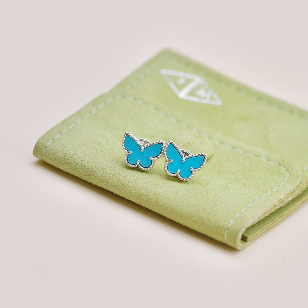 Preloved Van Cleef & Arpels Sweet Alhambra Butterfly Turquoise 18K White Gold Stud Earrings