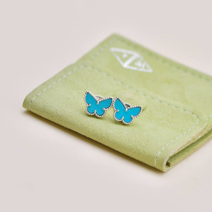 Preloved Van Cleef & Arpels Sweet Alhambra Butterfly Turquoise 18K White Gold Stud Earrings
