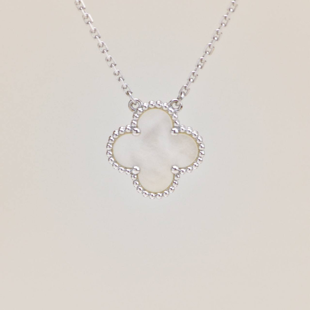 Preowned Authentic Van Cleef Vintage Alhambra Mother of Pearl 18K White Gold Pendant Necklace