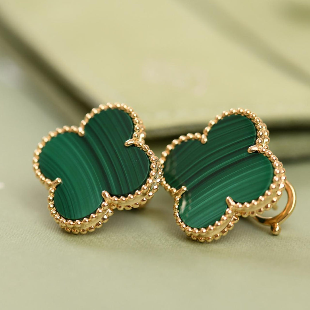 Second Hand Authentic Full set Van Cleef Magic Alhambra Malachite Earrings 18K Yellow Gold