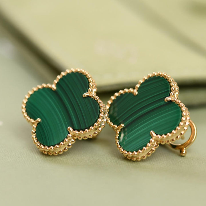 Second Hand Authentic Full set Van Cleef Magic Alhambra Malachite Earrings 18K Yellow Gold