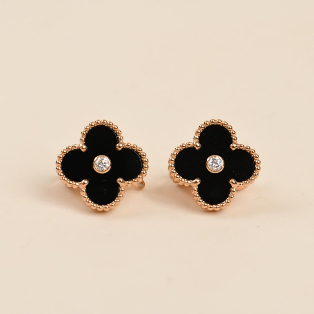 Van Cleef & Arpels Vintage Alhambra Limited Edition Onyx Diamond Gold Earrings