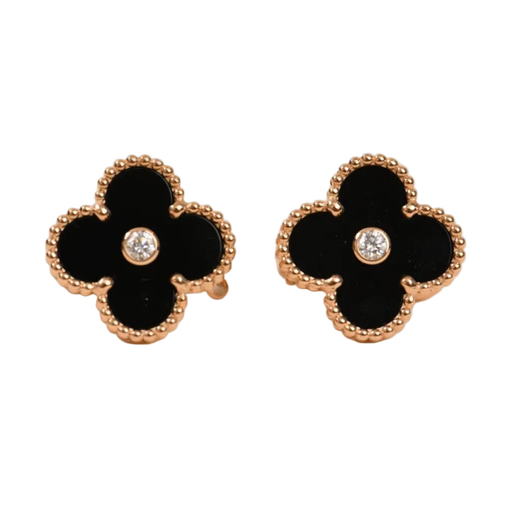 Preloved Van Cleef & Arpels Vintage Alhambra Diamond Onyx Earrings