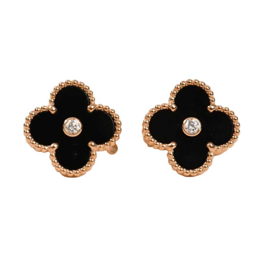 Preloved Van Cleef & Arpels Vintage Alhambra Diamond Onyx Earrings