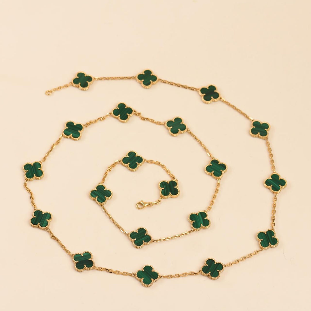 Used Authentic Van Cleef & Arpels Vintage Alhambra Malachite 20 Motif Necklace