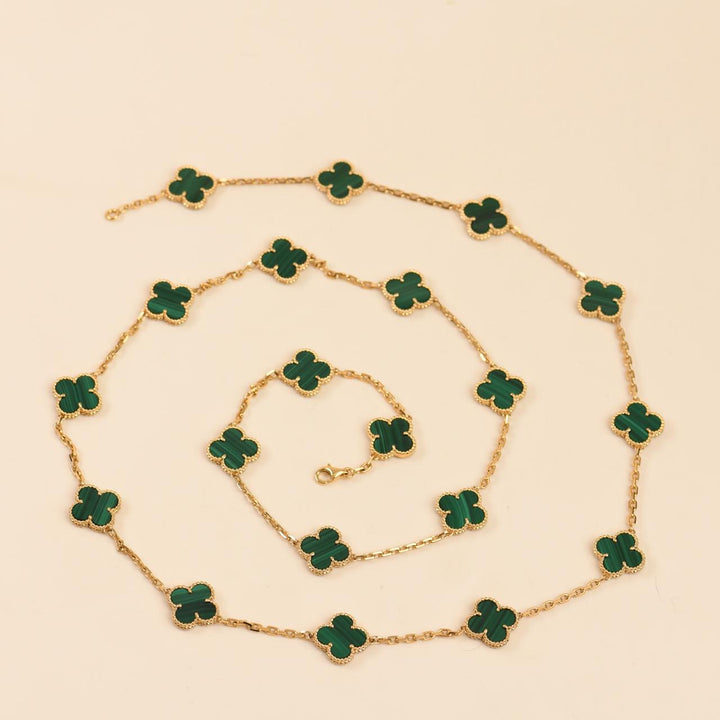 Used Authentic Van Cleef & Arpels Vintage Alhambra Malachite 20 Motif Necklace
