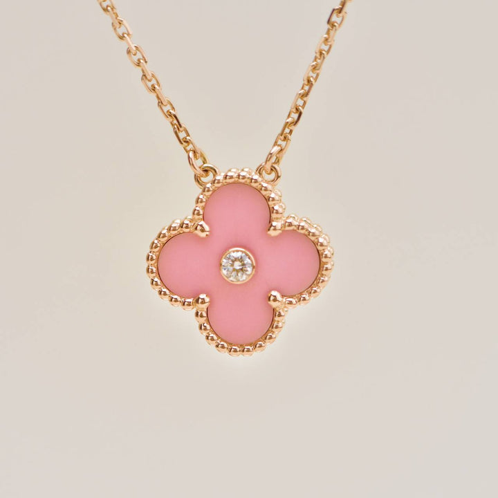 Authentic Van Cleef & Arpels Alhambra 2015 Holiday Pendant Diamond Pink Sèvres Porcelain