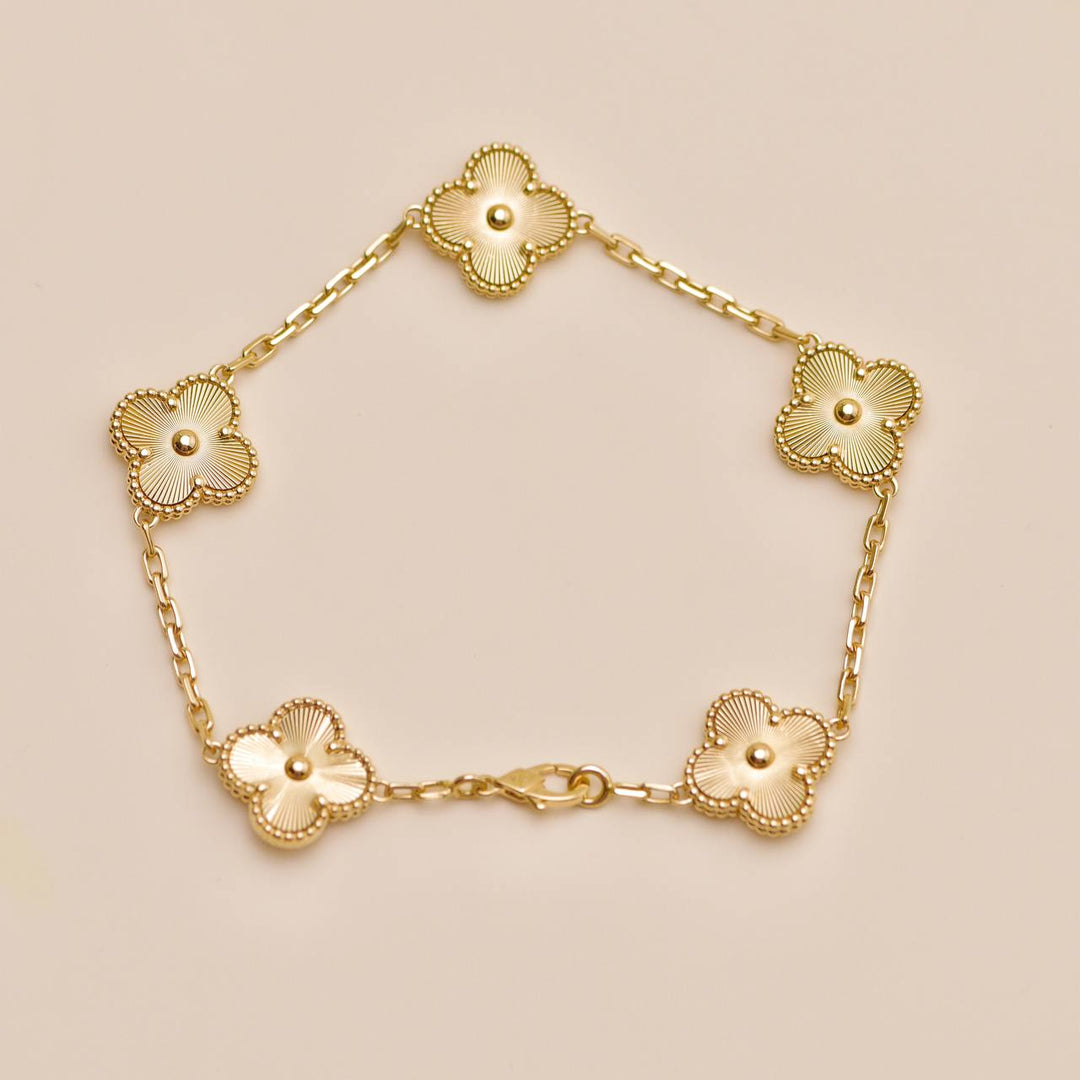 Used Authentic Van Cleef & Arpels Vintage Alhambra Bracelet Guilloché 5 Motifs 18K Yellow Gold