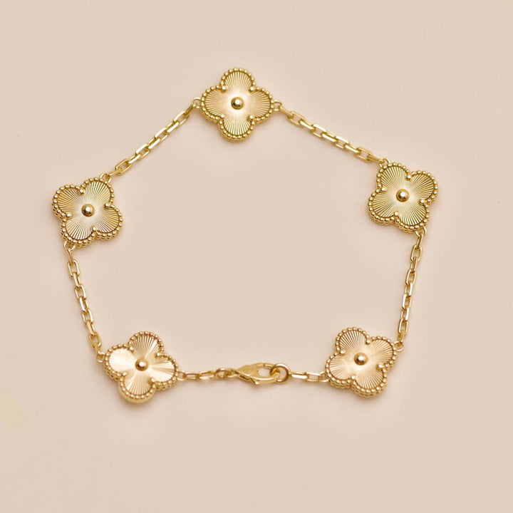 Used Authentic Van Cleef & Arpels Vintage Alhambra Bracelet Guilloché 5 Motifs 18K Yellow Gold