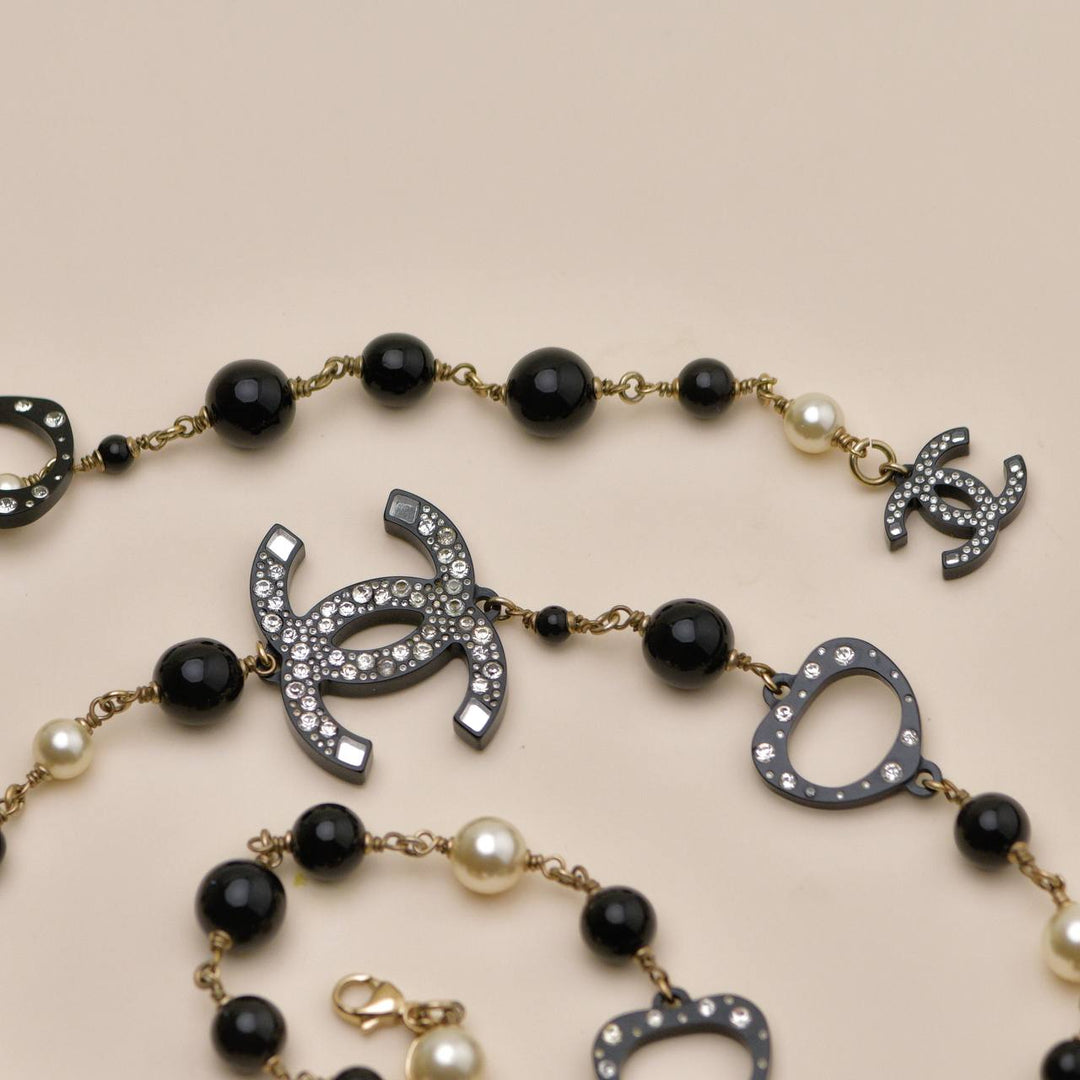Preowned Chanel CC Faux Pearl & Crystal Black Bead Sautoir Necklace