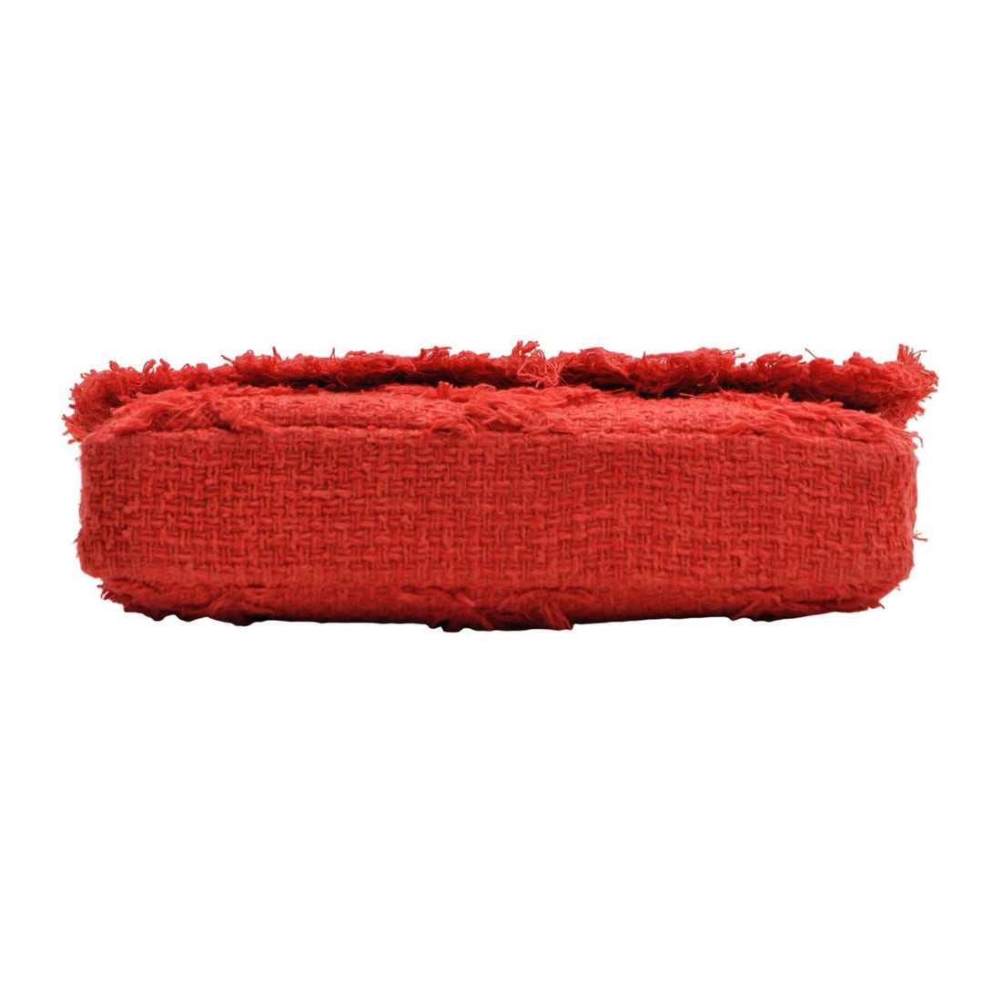 Used Authentic Chanel Nature Flap Bag Red Fringe Tweed Medium