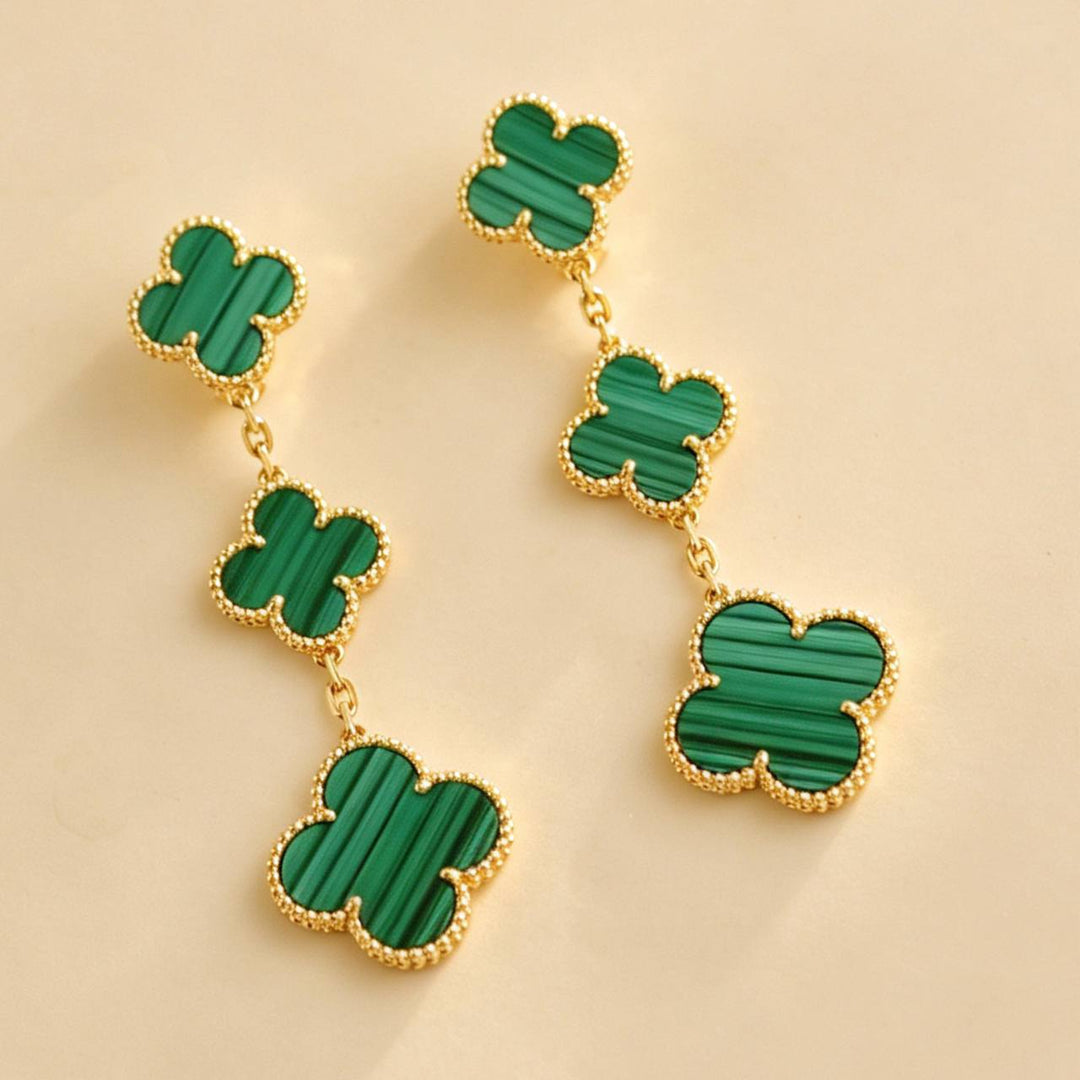 Preowned Authentic Van Cleef Magic Alhambra Malachite 3 Motifs Earrings