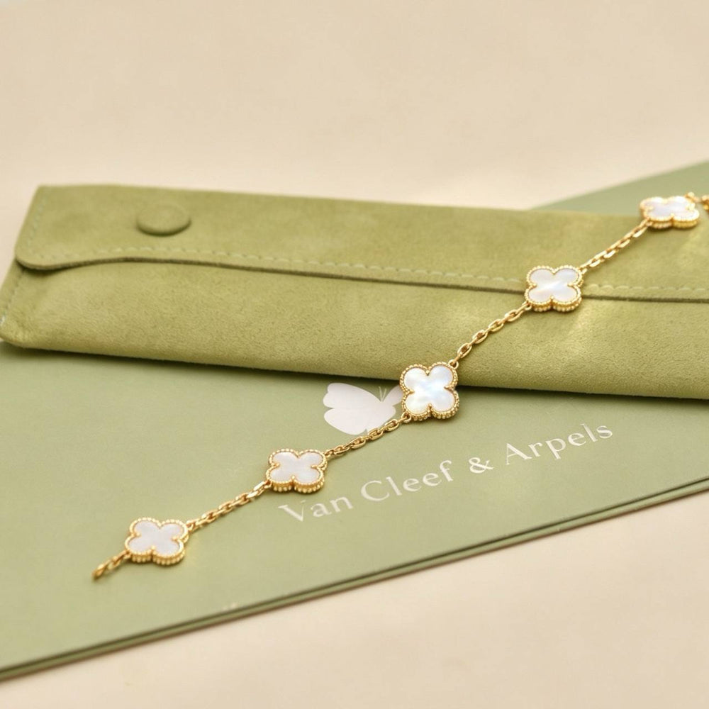 Preowned Authentic Van Cleef & Arpels Vintage Alhambra 5 Motif Bracelet Mother of Pearl