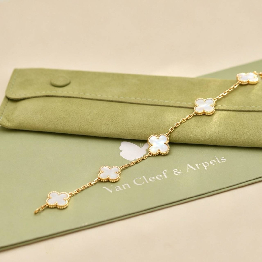 Preowned Authentic Van Cleef & Arpels Vintage Alhambra 5 Motif Bracelet Mother of Pearl