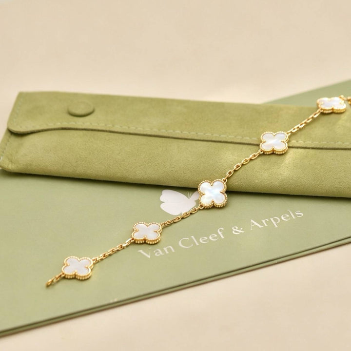 Preowned Authentic Van Cleef & Arpels Vintage Alhambra 5 Motif Bracelet Mother of Pearl