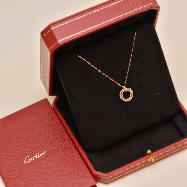 Preowned Authentic Cartier Trinity Pendant Necklace 18K Tri-color Gold with Pavé Pink Sapphires