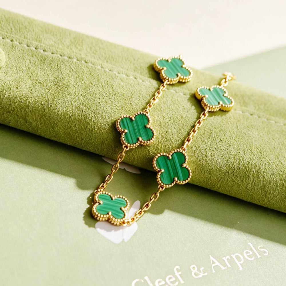 Preowned Authentic Full set Van Cleef & Arpels Vintage Alhambra 5 Motif Malachite Bracelet 18K Yellow Gold