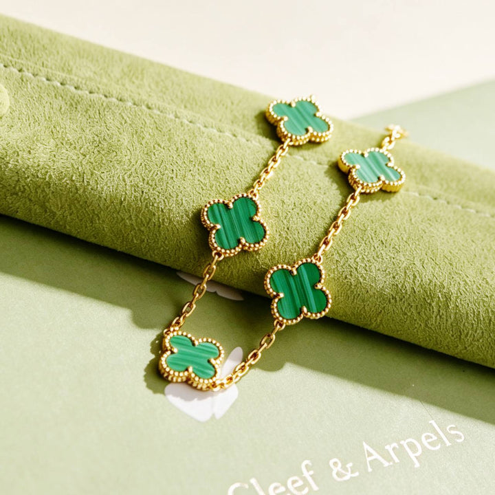 Preowned Authentic Full set Van Cleef & Arpels Vintage Alhambra 5 Motif Malachite Bracelet 18K Yellow Gold