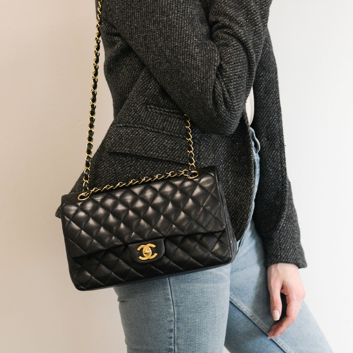 Preowned Chanel Lambskin Black Quilted Medium Classic Double Flap Bag