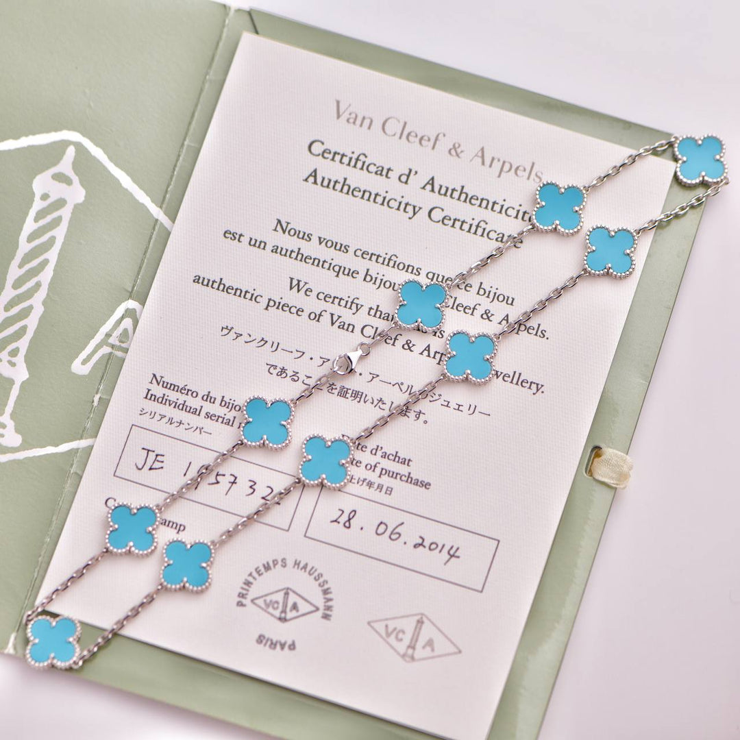 Van Cleef & Arpels Vintage Alhambra Turquoise 10 Motif White Gold Necklace