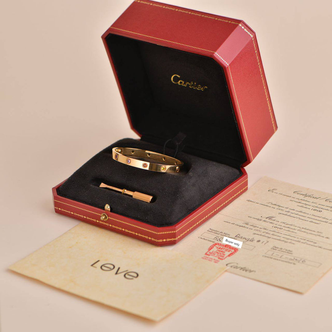 Cartier Love Bracelet 10 Multi Gemstone Rose Gold Size 17