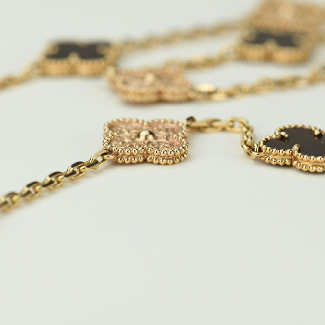 Van Cleef & Arpels Numbered Edition Vintage Alhambra Bois D’amourette Rose Gold 20-Motif Long Necklace