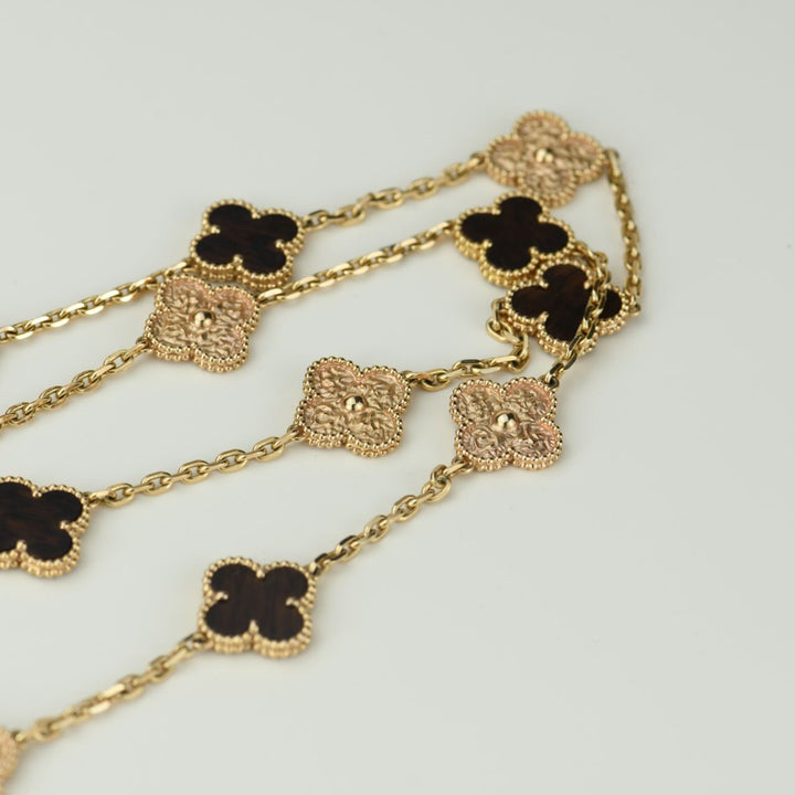 Van Cleef & Arpels Numbered Edition Vintage Alhambra Bois D’amourette Rose Gold 20-Motif Long Necklace