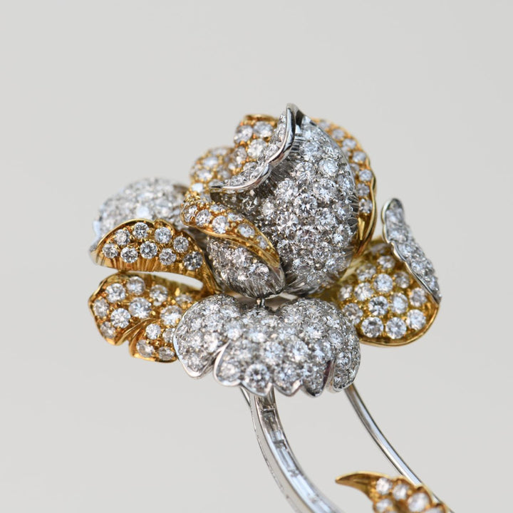 18K Gold Diamond Rose Flower Brooch