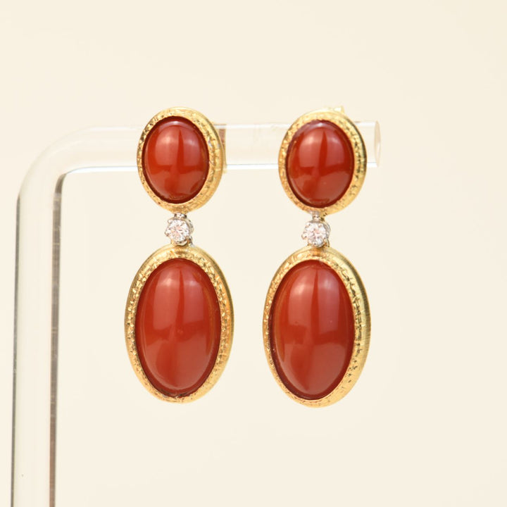 18 Karat Gold Natural Red Coral and Diamond Dangle Earrings
