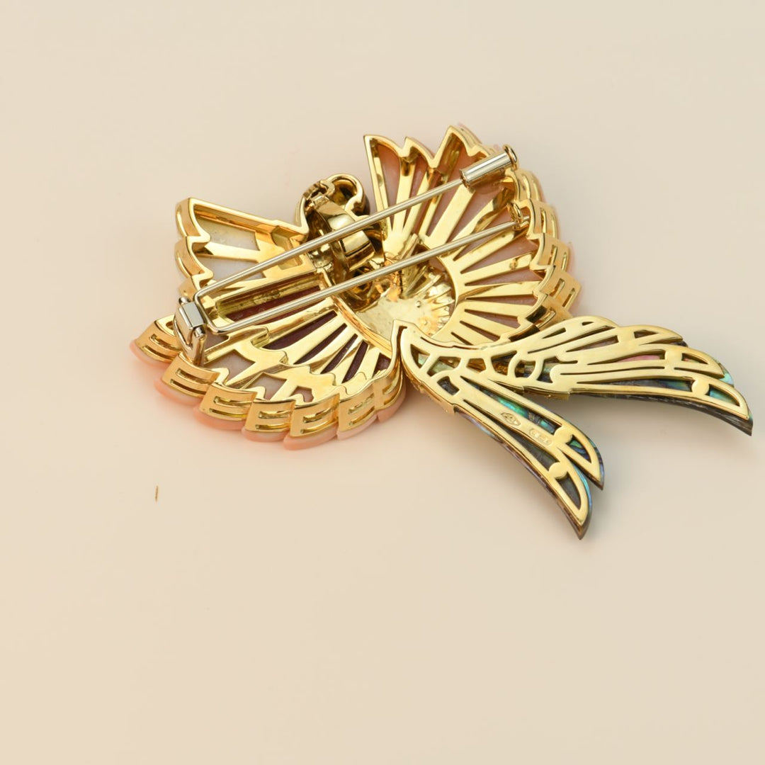 Coral Mother of Pearl Diamond and Onyx Diamond Parrot Brooch