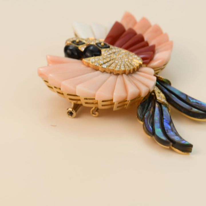 Coral Mother of Pearl Diamond and Onyx Diamond Parrot Brooch