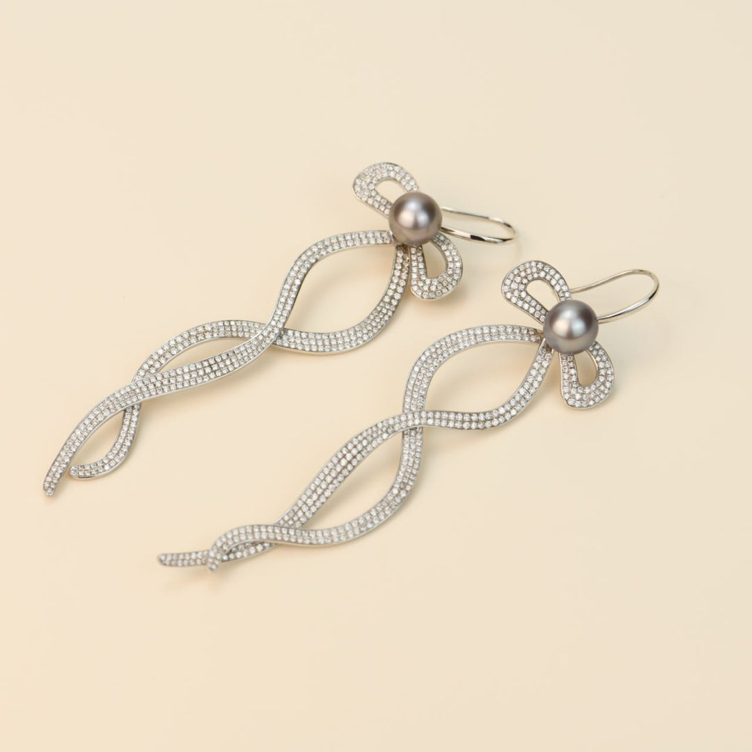18 Karat White Diamond Pearl Long Earrings with Bow