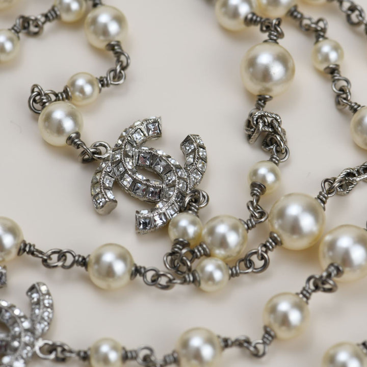 Chanel 3 CC White Pearl and Crystal Long Necklace
