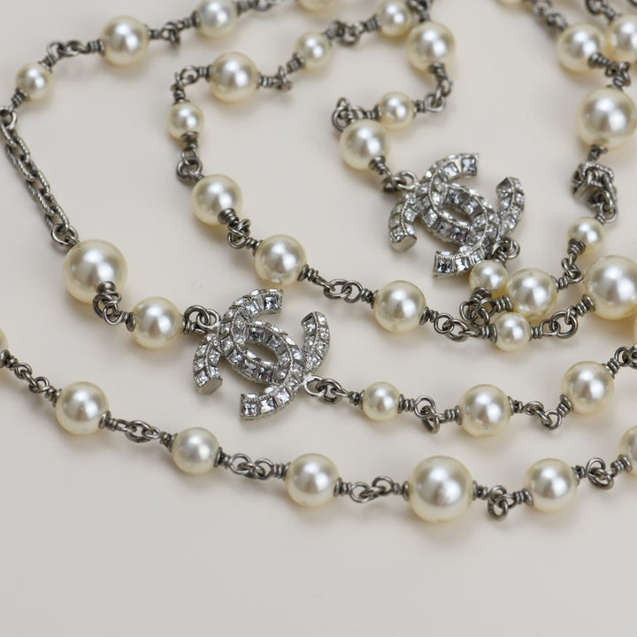 Chanel 3 CC White Pearl and Crystal Long Necklace