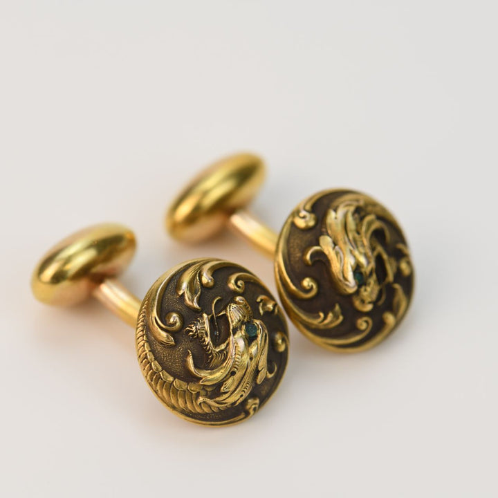 Art Nouveau 14 Carat Gold Cufflinks of Dragon Heads