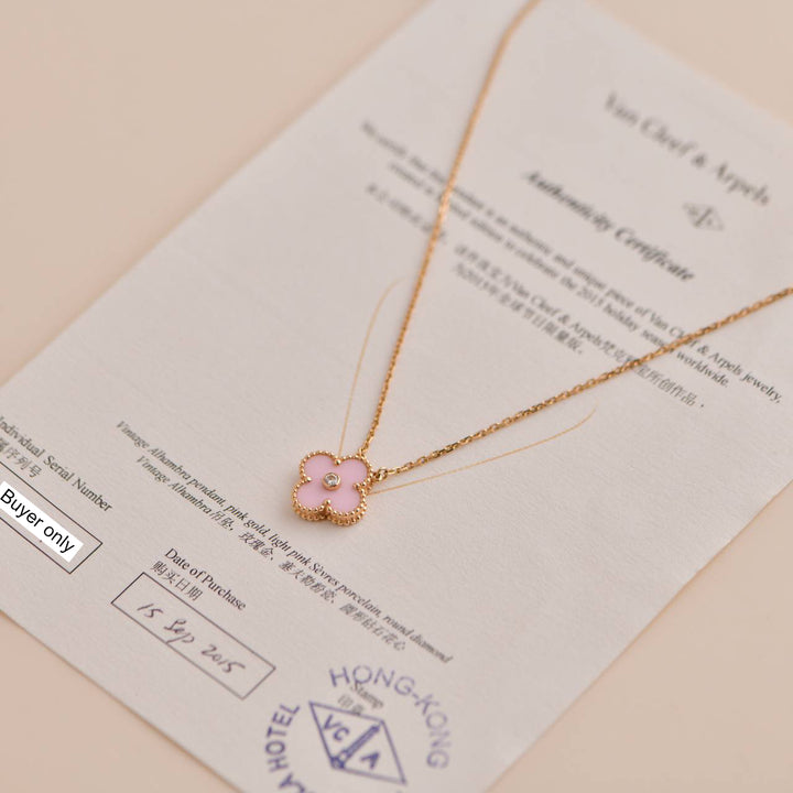 Van Cleef & Arpels Alhambra 2015 Holiday Diamond Pink Sèvres Porcelain Pendant