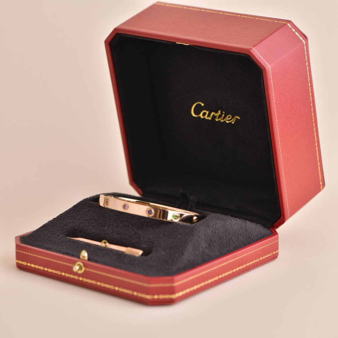 Cartier Love Bracelet 10 Multi Gemstone Rose Gold Size 18